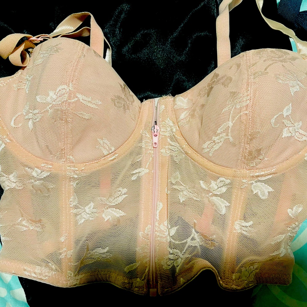 Vintage Pink Lace Zipper-up Bralette Size 34B ! Valentines Day Listings 💕💋
